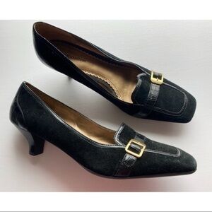 Naturalizer • Black Suede Buckle Square Toe Heels